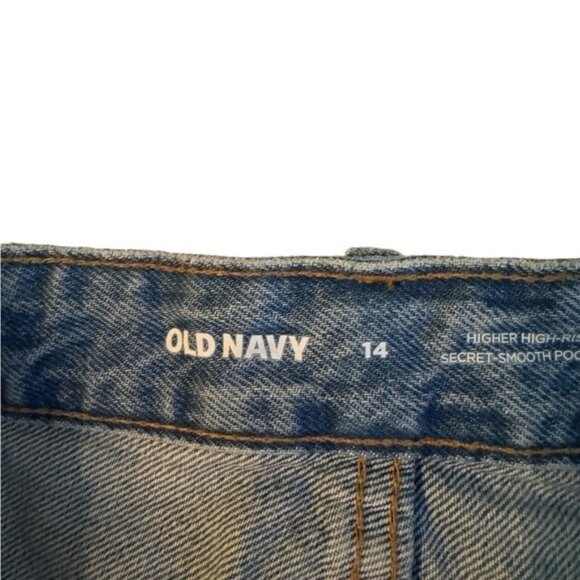 Y2K Old Navy Jean Mini Skirt Size 14 Button Fly Festival Distressed Blue Denim - Picture 4 of 9